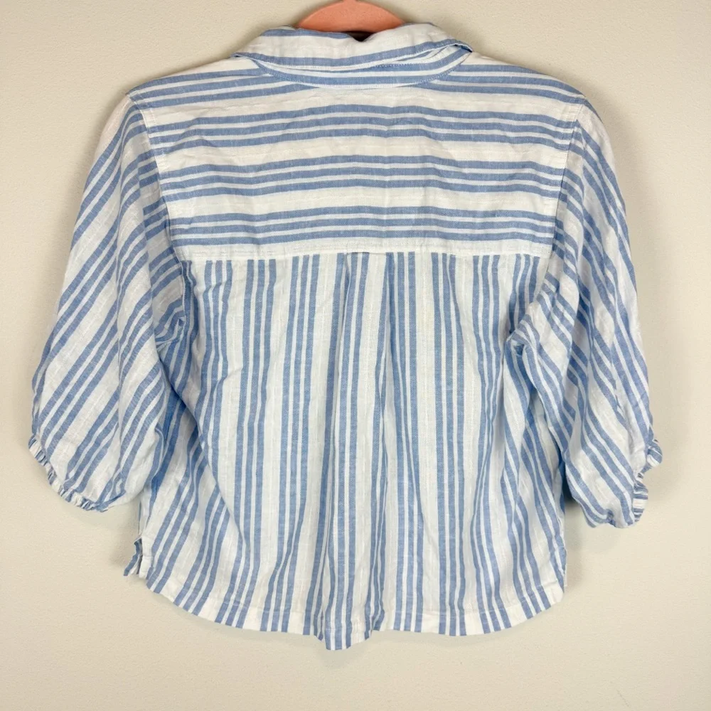 Splendid Allison Popover Top Blue White Striped Linen Blend‎ 3/4 Sleeve Size XS
